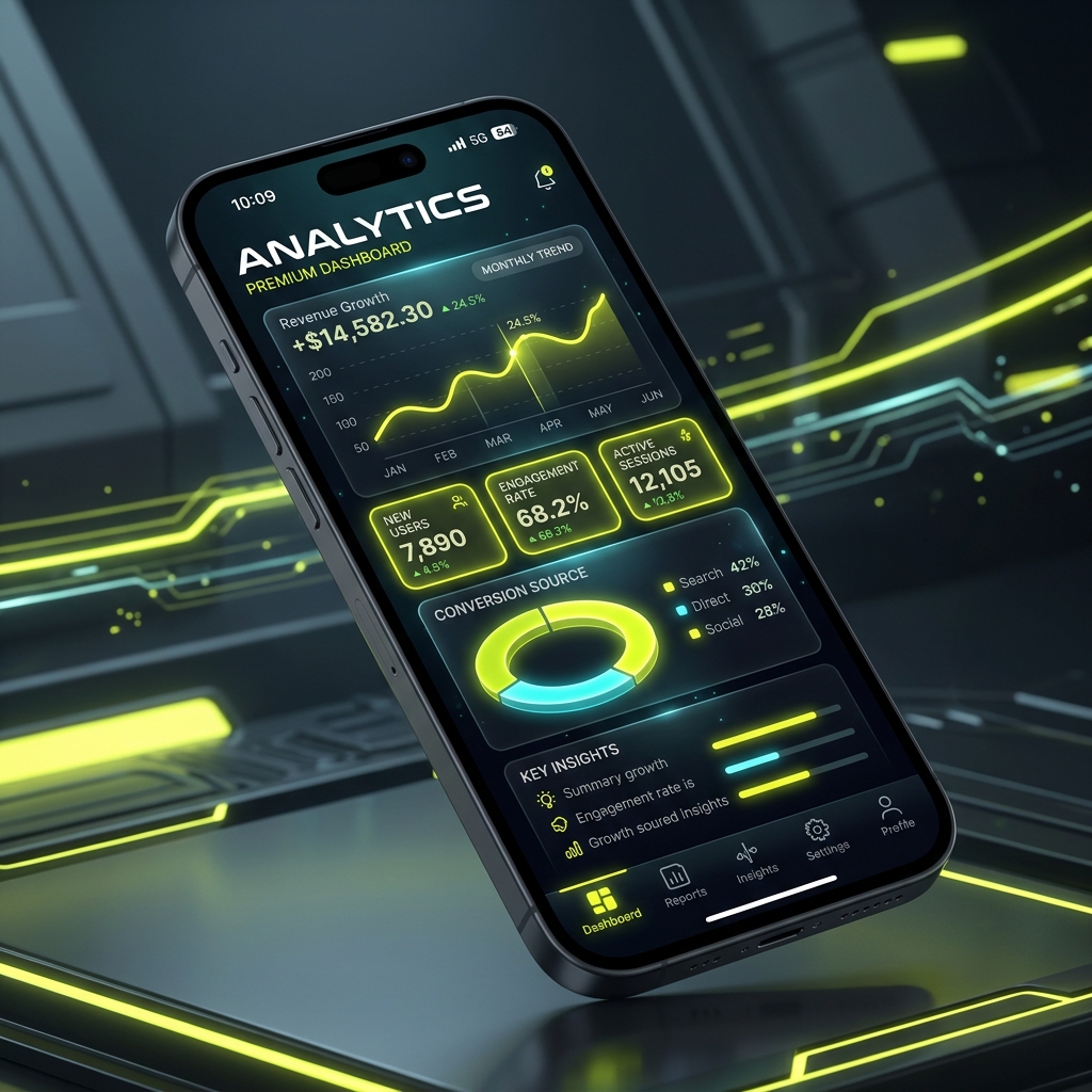 Yüksek performanslı analitik dashboard arayüzüne sahip premium mobil uygulama tasarımı