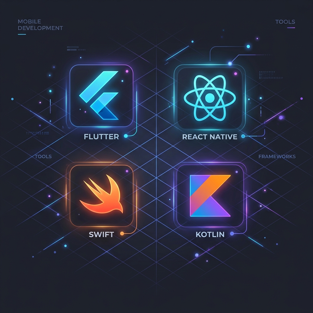 Flutter, React Native, Swift ve Kotlin logolarının yer aldığı modern mobil teknoloji yığını şeması