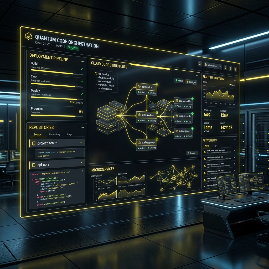 Quantum code orchestration custom software development dashboard screen concept with code snippets