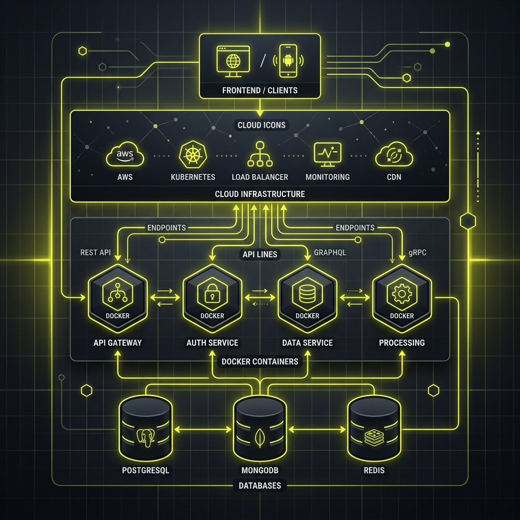 Next.js, Node.js, Docker, AWS, PostgreSQL and MongoDB custom software infrastructure architecture diagram